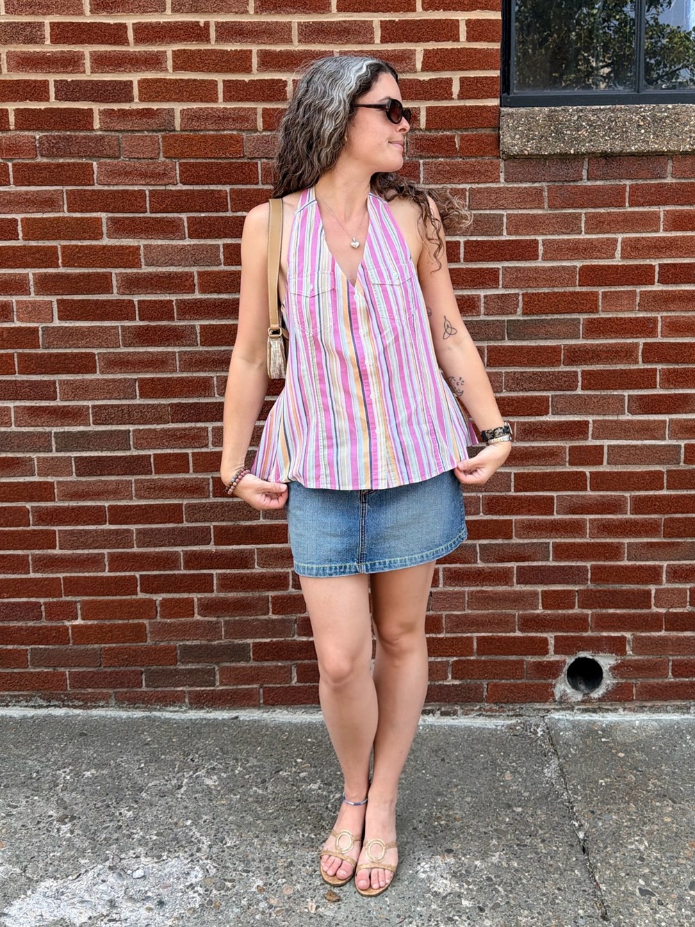 Upcycled Sleeveless Pink Striped Halter Top